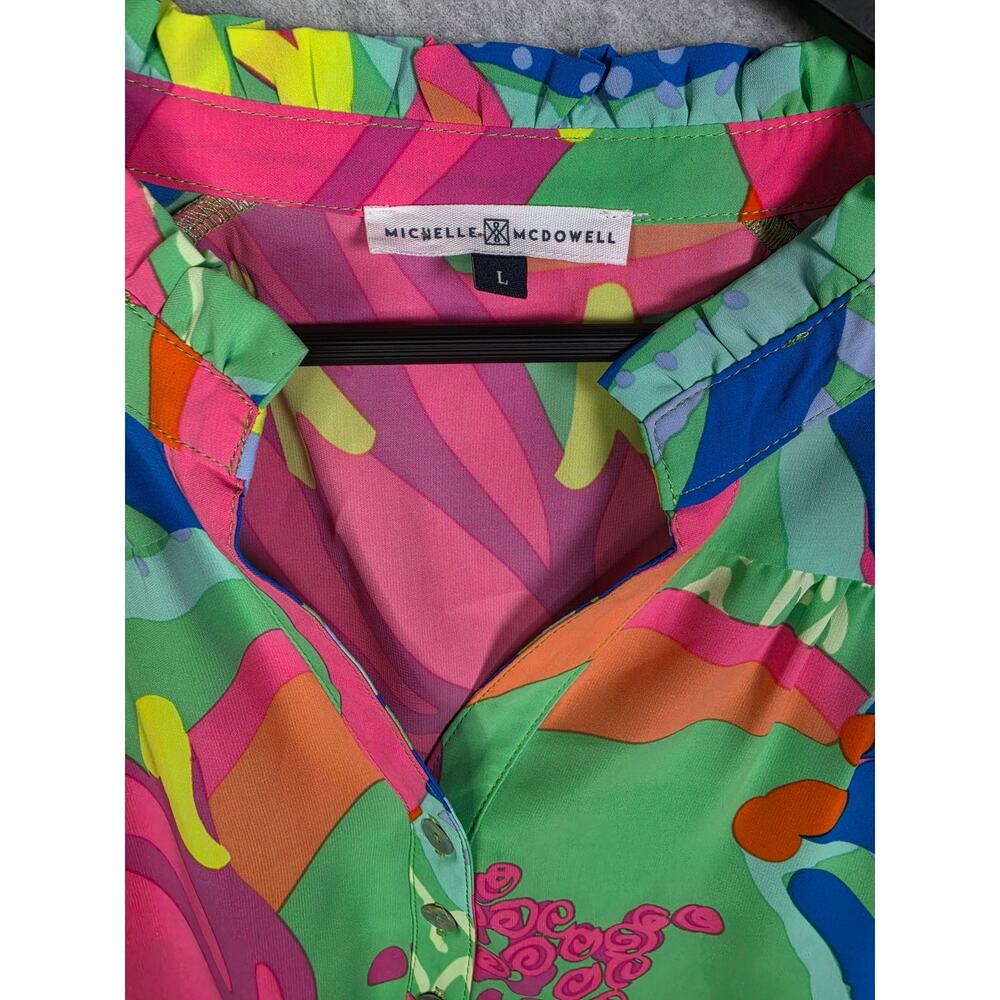 Michelle McDowell Colorful Floral Popover Puff Sleeve Top Sz L Green Office Bold - Picture 6 of 16